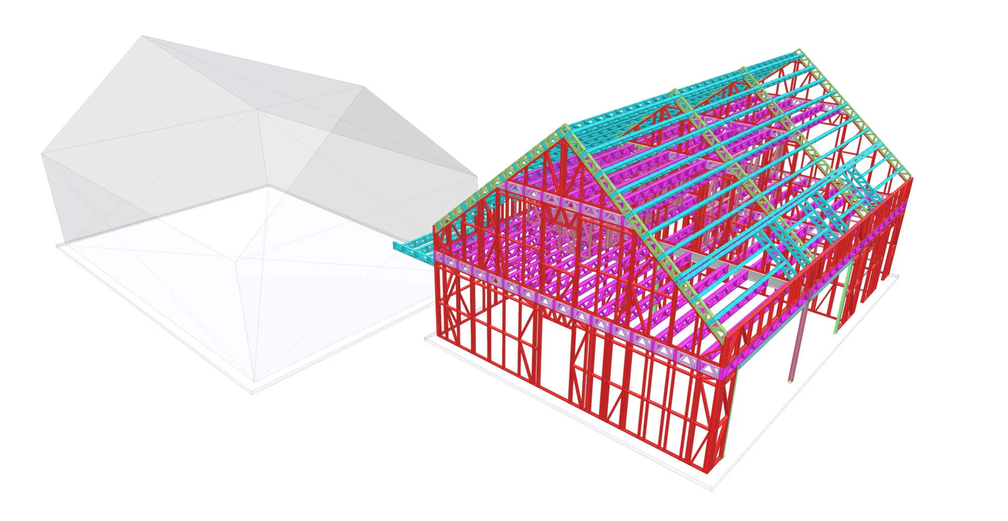 BIM-Modell — Leichtstahl-Dach- und Wandtragwerk, Bauteile nach Familie gekennzeichnet