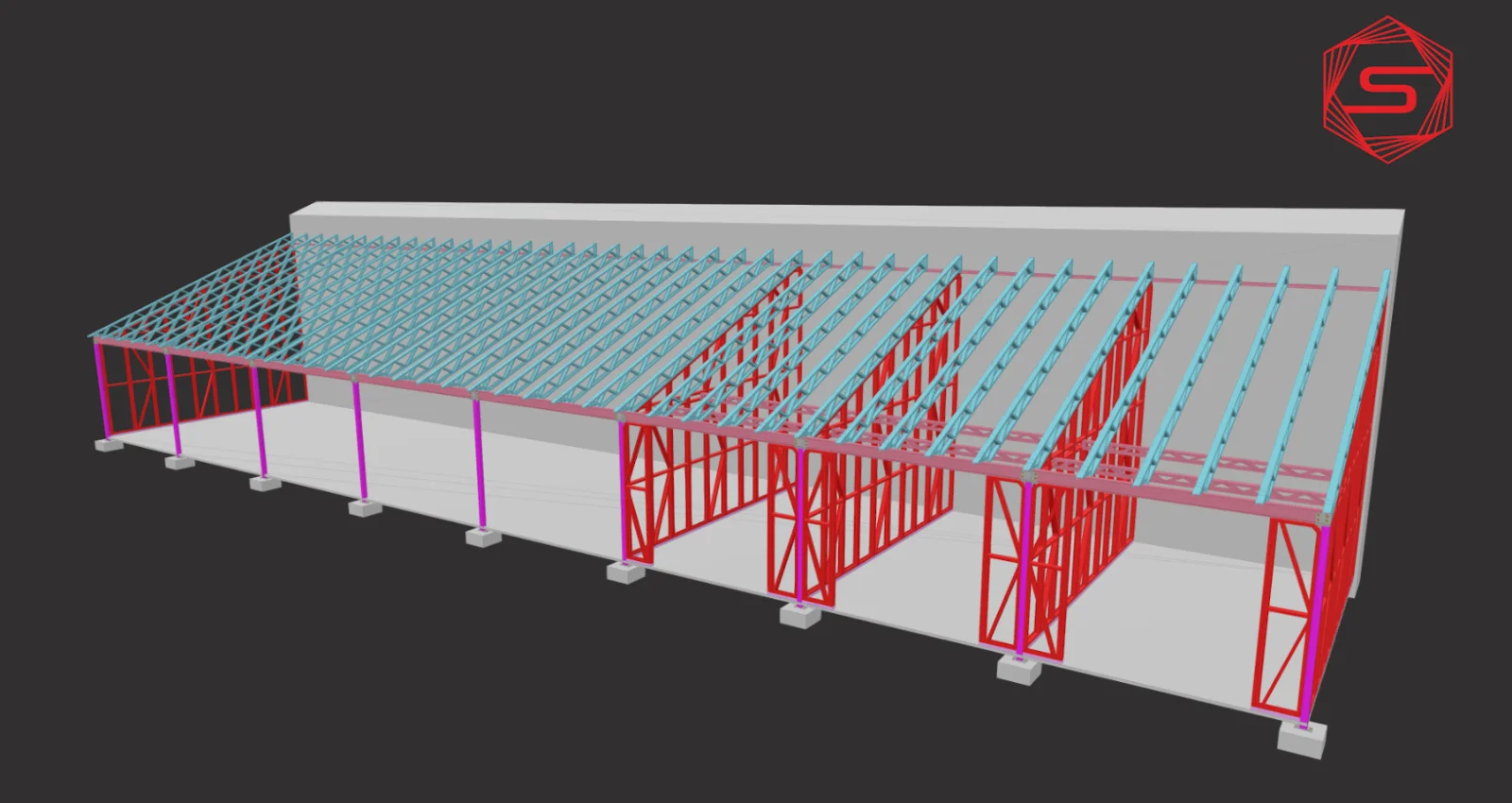 3D-Darstellung — Leichtstahlrahmen eines weitgespannten Gebäudes