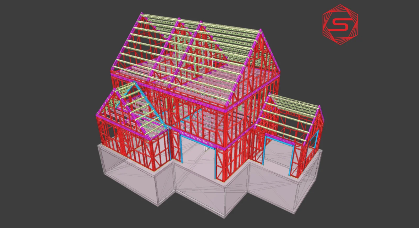 3D-Darstellung — Leichtstahlstruktur eines Hauses mit Hülle und Bekleidungsschichten